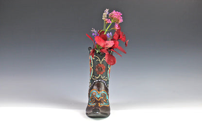 Medium Cowboy Boot Vase - black & turquoise cowboy boot vase with accents, western style flower arrangement vase, realistic boot vase