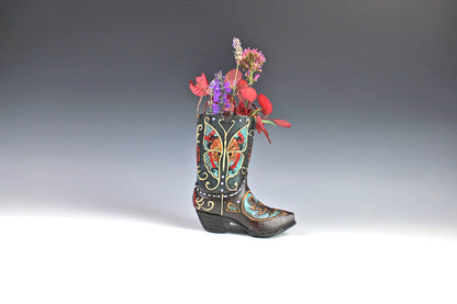Medium Cowboy Boot Vase - black & turquoise cowboy boot vase with accents, western style flower arrangement vase, realistic boot vase