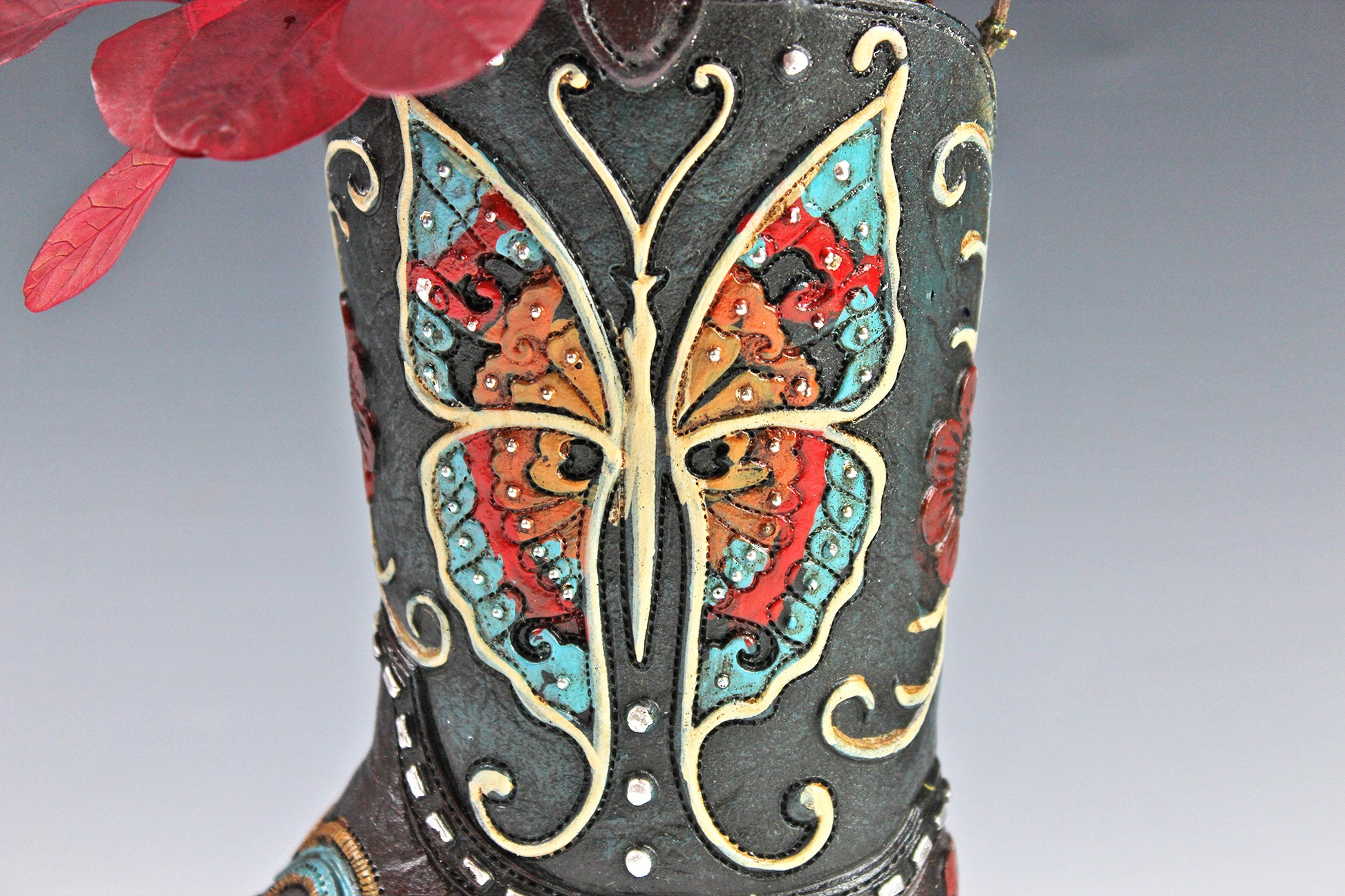 Medium Cowboy Boot Vase - black & turquoise cowboy boot vase with accents, western style flower arrangement vase, realistic boot vase