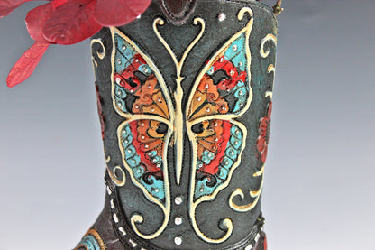 Medium Cowboy Boot Vase - black & turquoise cowboy boot vase with accents, western style flower arrangement vase, realistic boot vase