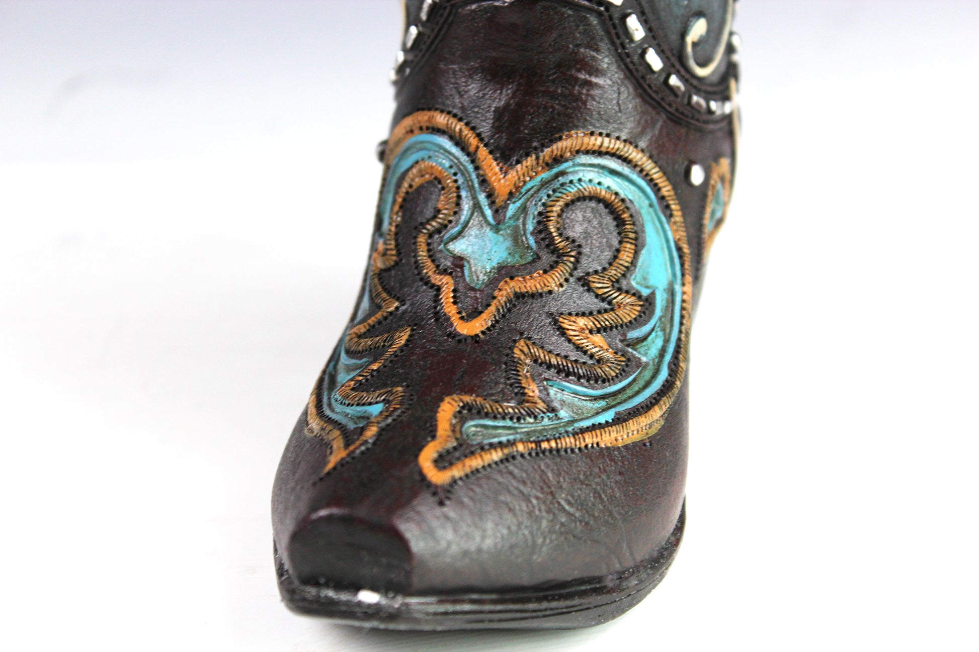 Medium Cowboy Boot Vase - black & turquoise cowboy boot vase with accents, western style flower arrangement vase, realistic boot vase