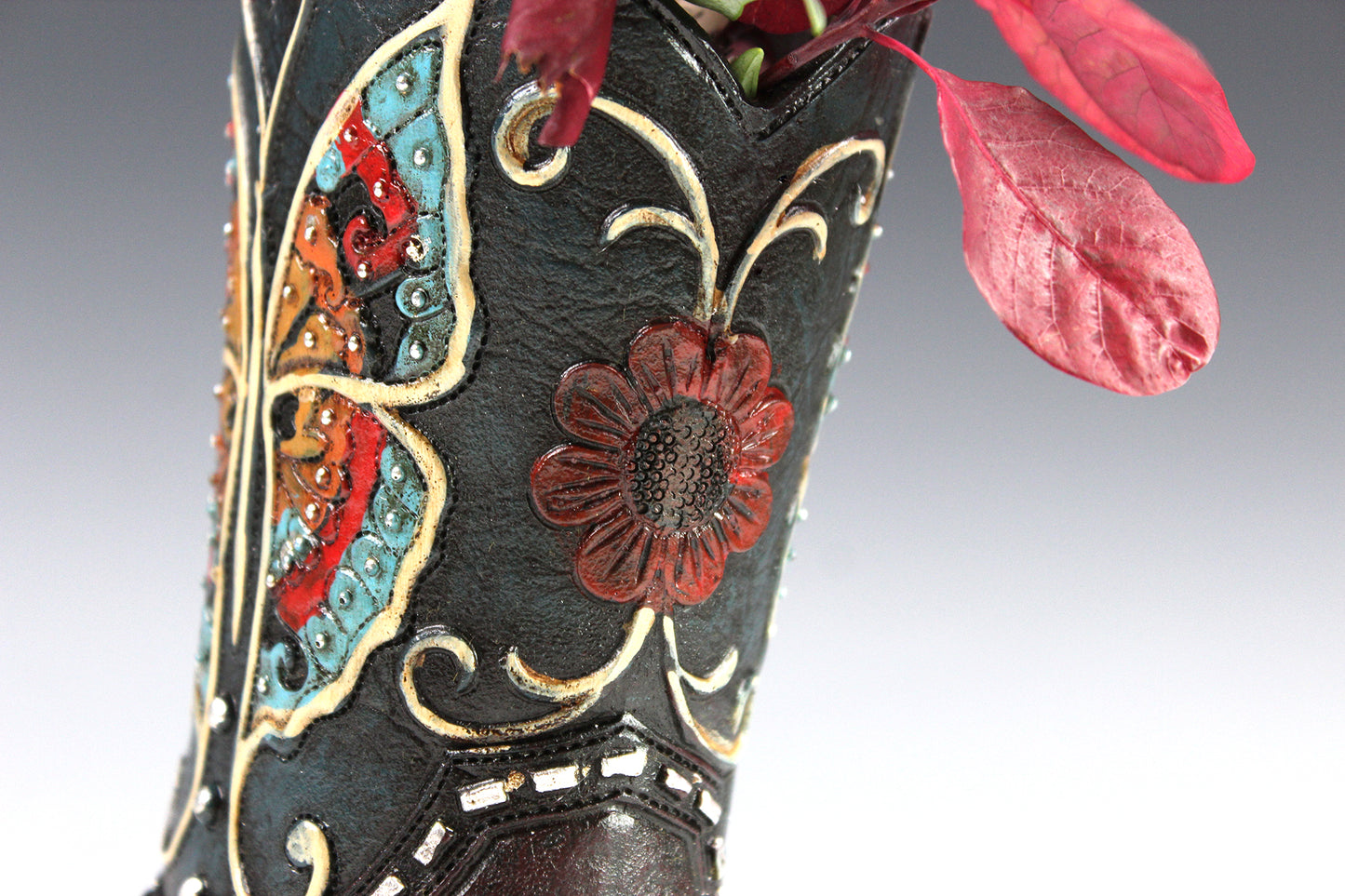 Medium Cowboy Boot Vase - black & turquoise cowboy boot vase with accents, western style flower arrangement vase, realistic boot vase