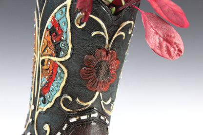 Medium Cowboy Boot Vase - black & turquoise cowboy boot vase with accents, western style flower arrangement vase, realistic boot vase