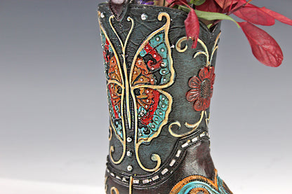 Medium Cowboy Boot Vase - black & turquoise cowboy boot vase with accents, western style flower arrangement vase, realistic boot vase