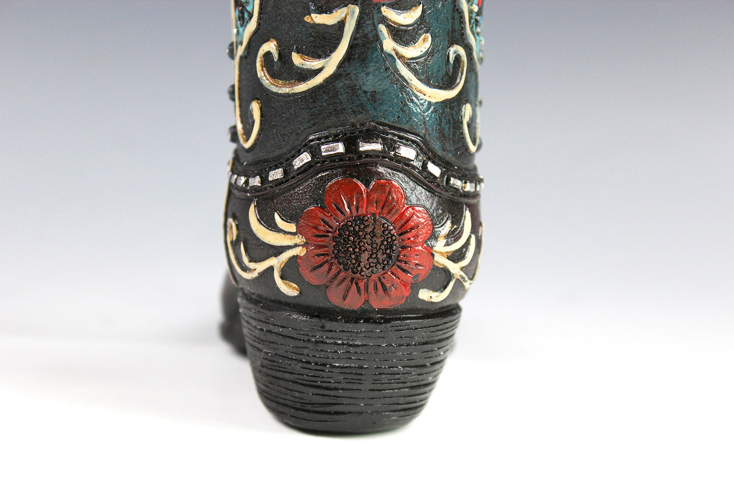 Medium Cowboy Boot Vase - black & turquoise cowboy boot vase with accents, western style flower arrangement vase, realistic boot vase