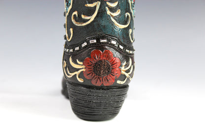 Medium Cowboy Boot Vase - black & turquoise cowboy boot vase with accents, western style flower arrangement vase, realistic boot vase