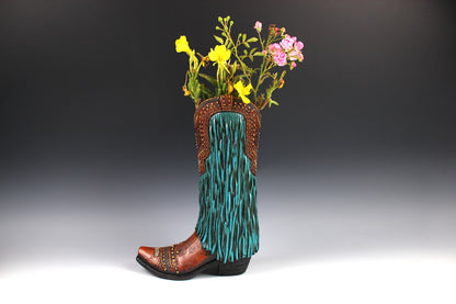Large Cowboy Boot Vase - brown & turquoise cowboy boot vase with detailed accents, western boot flower arrangement vase, realistic boot vase