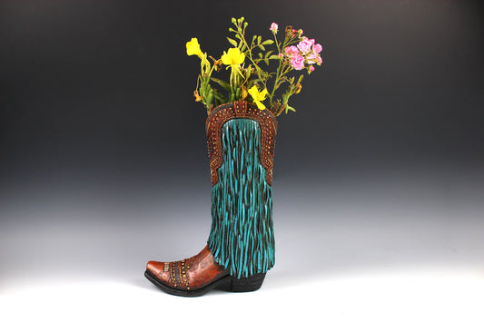 Large Cowboy Boot Vase - brown & turquoise cowboy boot vase with detailed accents, western boot flower arrangement vase, realistic boot vase