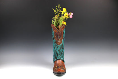 Large Cowboy Boot Vase - brown & turquoise cowboy boot vase with detailed accents, western boot flower arrangement vase, realistic boot vase