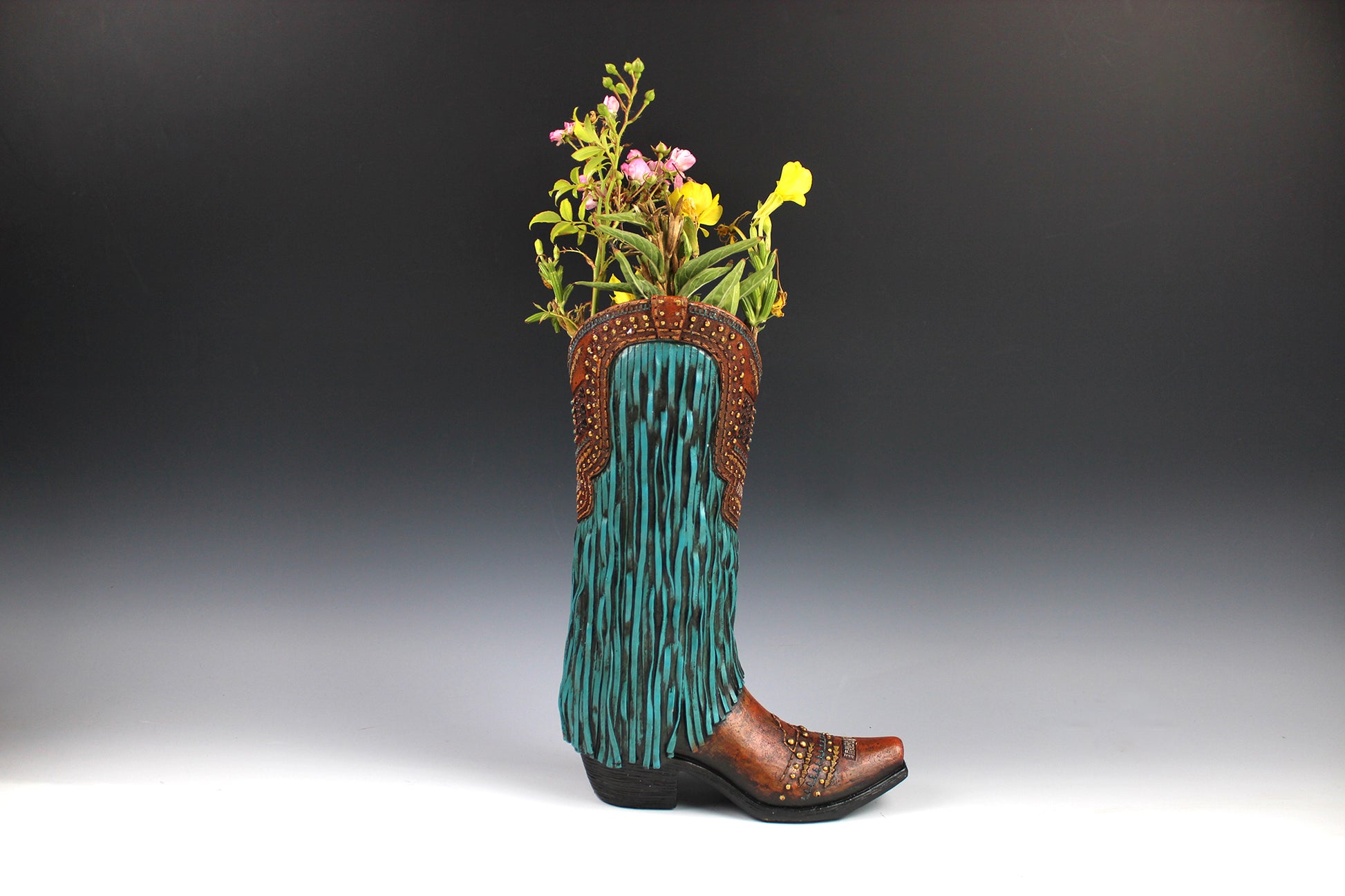 Large Cowboy Boot Vase - brown & turquoise cowboy boot vase with detailed accents, western boot flower arrangement vase, realistic boot vase
