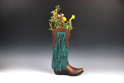 Large Cowboy Boot Vase - brown & turquoise cowboy boot vase with detailed accents, western boot flower arrangement vase, realistic boot vase