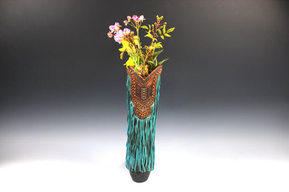 Large Cowboy Boot Vase - brown & turquoise cowboy boot vase with detailed accents, western boot flower arrangement vase, realistic boot vase