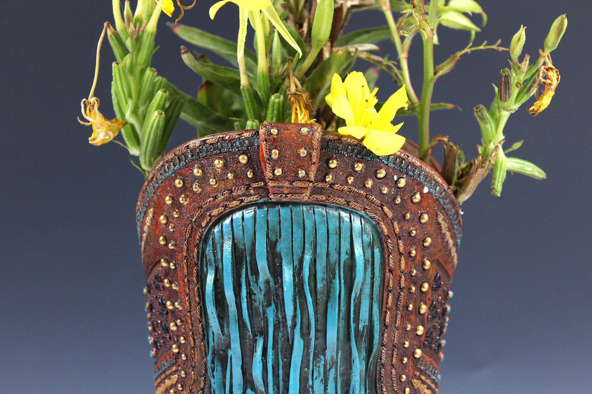 Large Cowboy Boot Vase - brown & turquoise cowboy boot vase with detailed accents, western boot flower arrangement vase, realistic boot vase