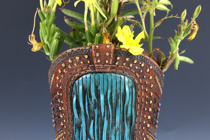 Large Cowboy Boot Vase - brown & turquoise cowboy boot vase with detailed accents, western boot flower arrangement vase, realistic boot vase