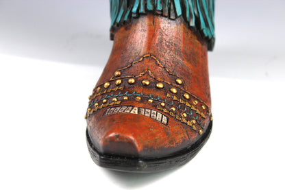 Large Cowboy Boot Vase - brown & turquoise cowboy boot vase with detailed accents, western boot flower arrangement vase, realistic boot vase