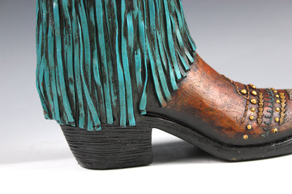 Large Cowboy Boot Vase - brown & turquoise cowboy boot vase with detailed accents, western boot flower arrangement vase, realistic boot vase