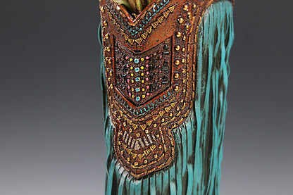 Large Cowboy Boot Vase - brown & turquoise cowboy boot vase with detailed accents, western boot flower arrangement vase, realistic boot vase