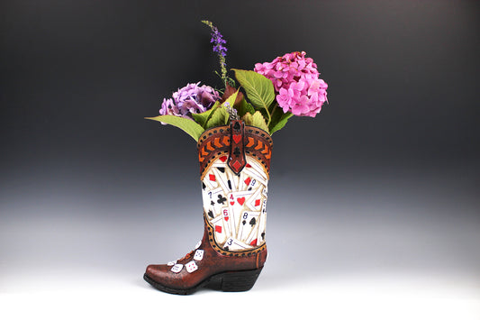 Medium Cowboy Boot Vase - brown cowboy boot vase with playing card design, western style flower arrangement vase, realistic boot vase