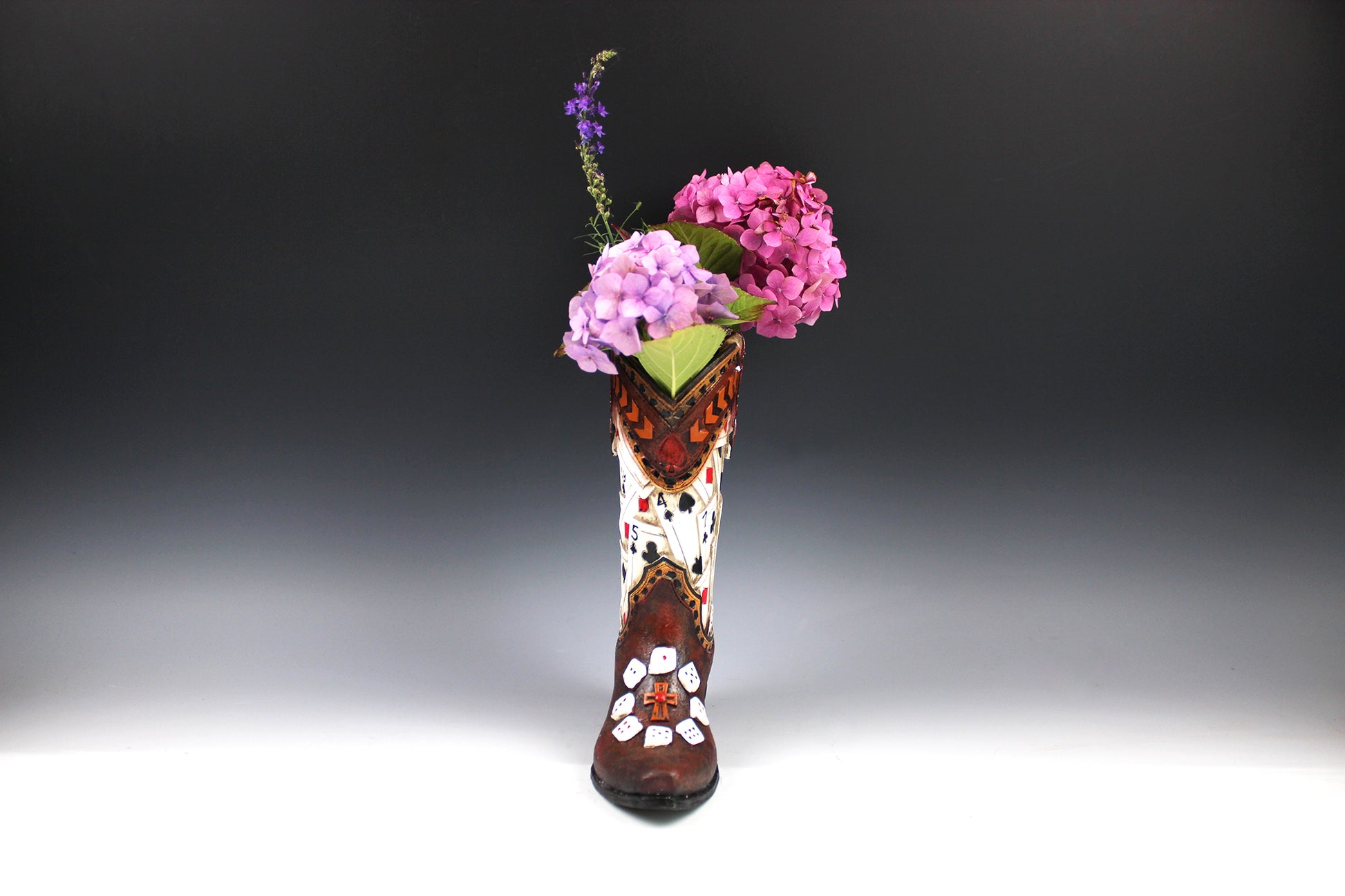 Medium Cowboy Boot Vase - brown cowboy boot vase with playing card design, western style flower arrangement vase, realistic boot vase