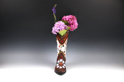 Medium Cowboy Boot Vase - brown cowboy boot vase with playing card design, western style flower arrangement vase, realistic boot vase
