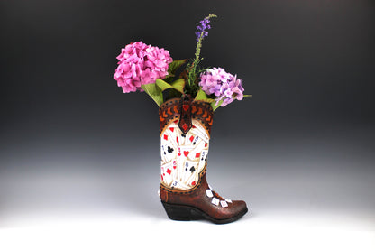 Medium Cowboy Boot Vase - brown cowboy boot vase with playing card design, western style flower arrangement vase, realistic boot vase