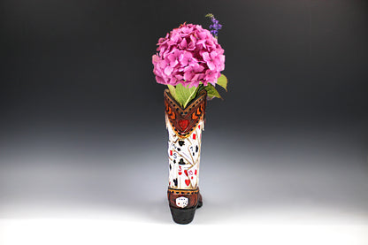 Medium Cowboy Boot Vase - brown cowboy boot vase with playing card design, western style flower arrangement vase, realistic boot vase