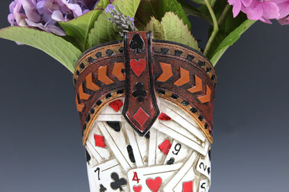 Medium Cowboy Boot Vase - brown cowboy boot vase with playing card design, western style flower arrangement vase, realistic boot vase