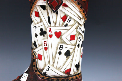 Medium Cowboy Boot Vase - brown cowboy boot vase with playing card design, western style flower arrangement vase, realistic boot vase