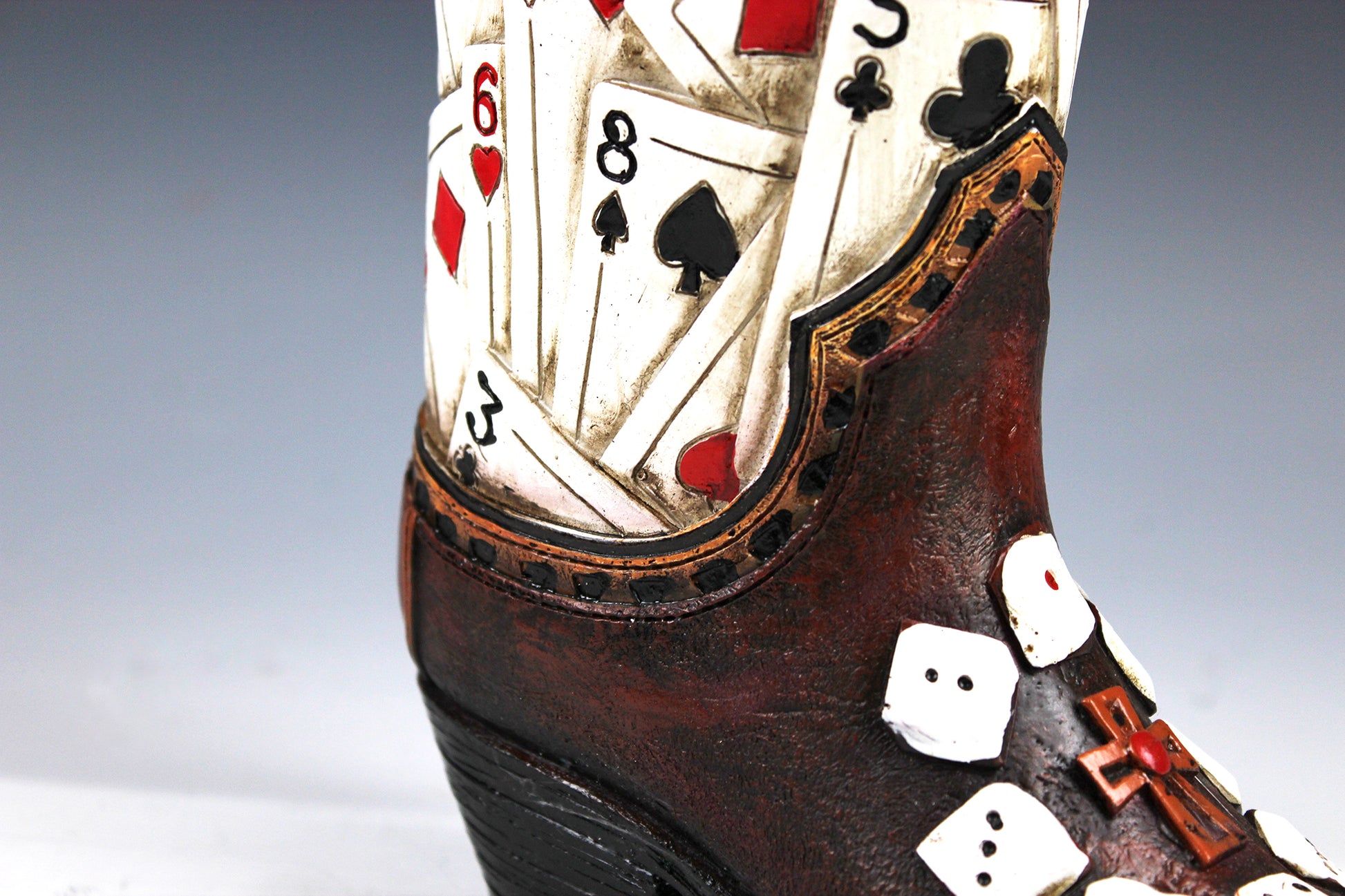 Medium Cowboy Boot Vase - brown cowboy boot vase with playing card design, western style flower arrangement vase, realistic boot vase
