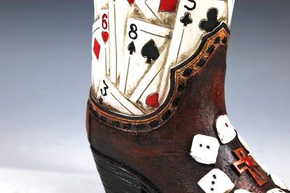 Medium Cowboy Boot Vase - brown cowboy boot vase with playing card design, western style flower arrangement vase, realistic boot vase