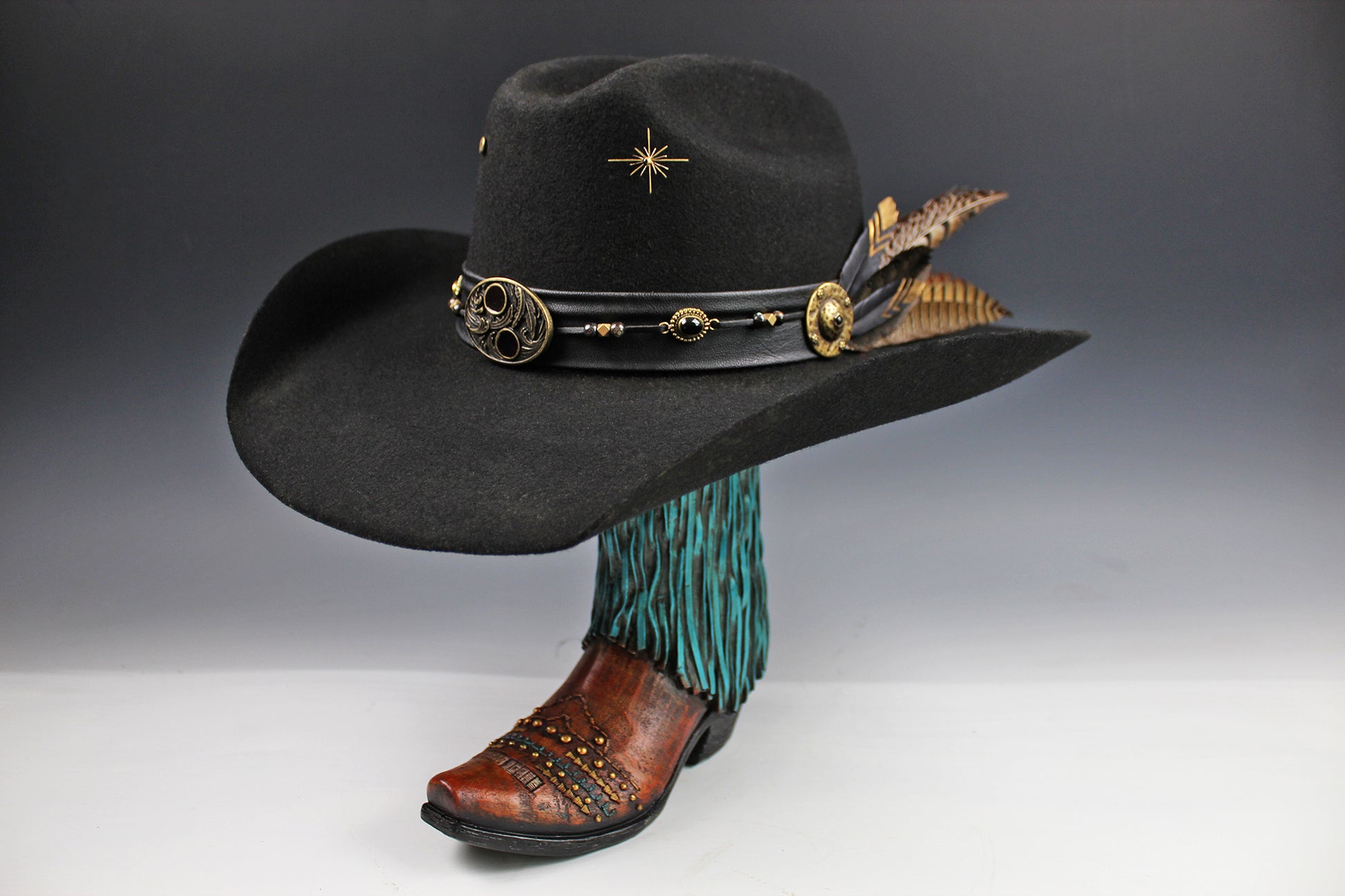 The Highwayman Cowboy Hat - Black -  Black Wool Felt Cattleman Cowboy Hat with feature concho, unisex western cowboy cowgirl hat