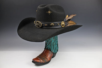 The Highwayman Cowboy Hat - Black -  Black Wool Felt Cattleman Cowboy Hat with feature concho, unisex western cowboy cowgirl hat