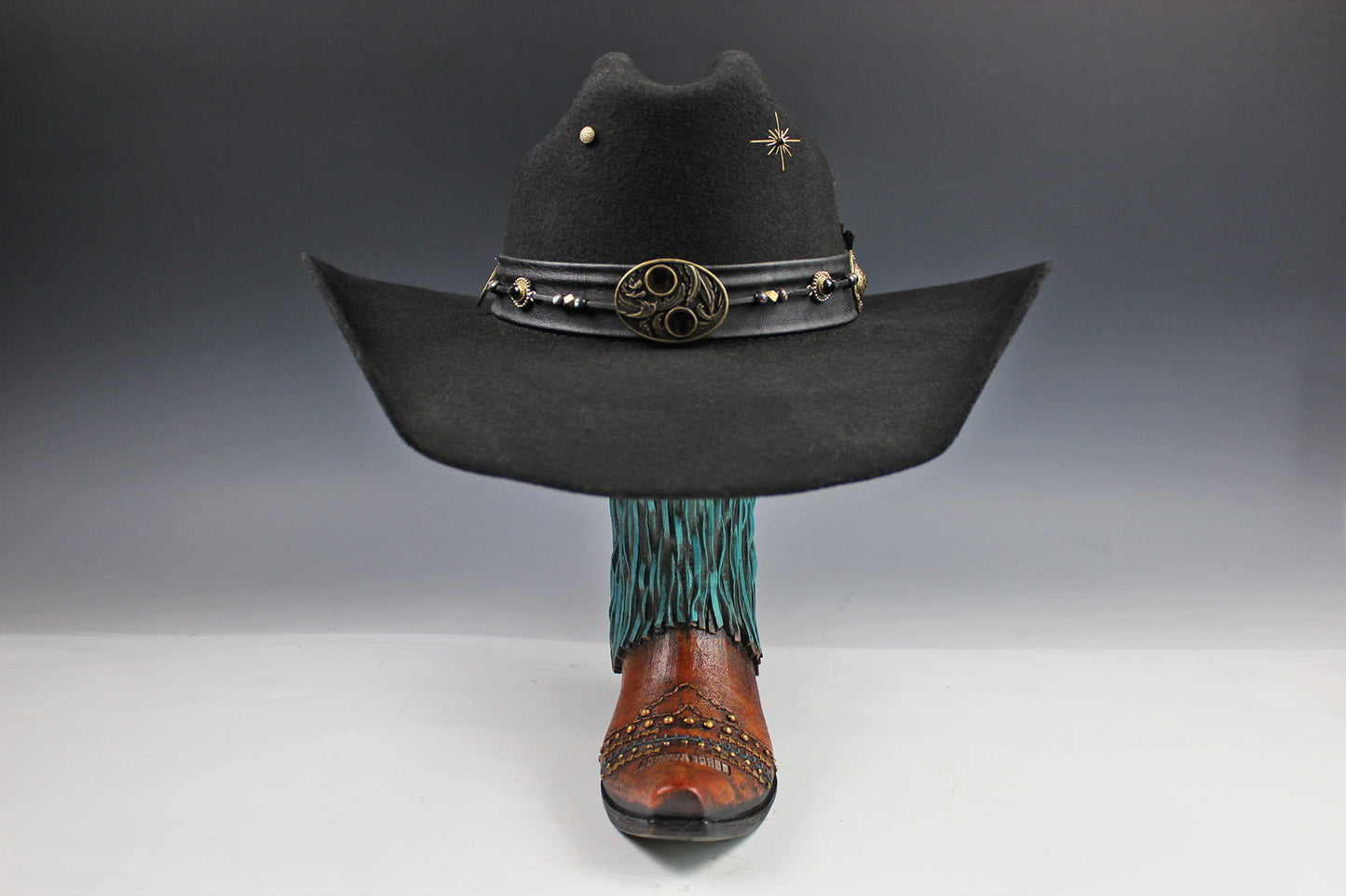 The Highwayman Cowboy Hat - Black -  Black Wool Felt Cattleman Cowboy Hat with feature concho, unisex western cowboy cowgirl hat