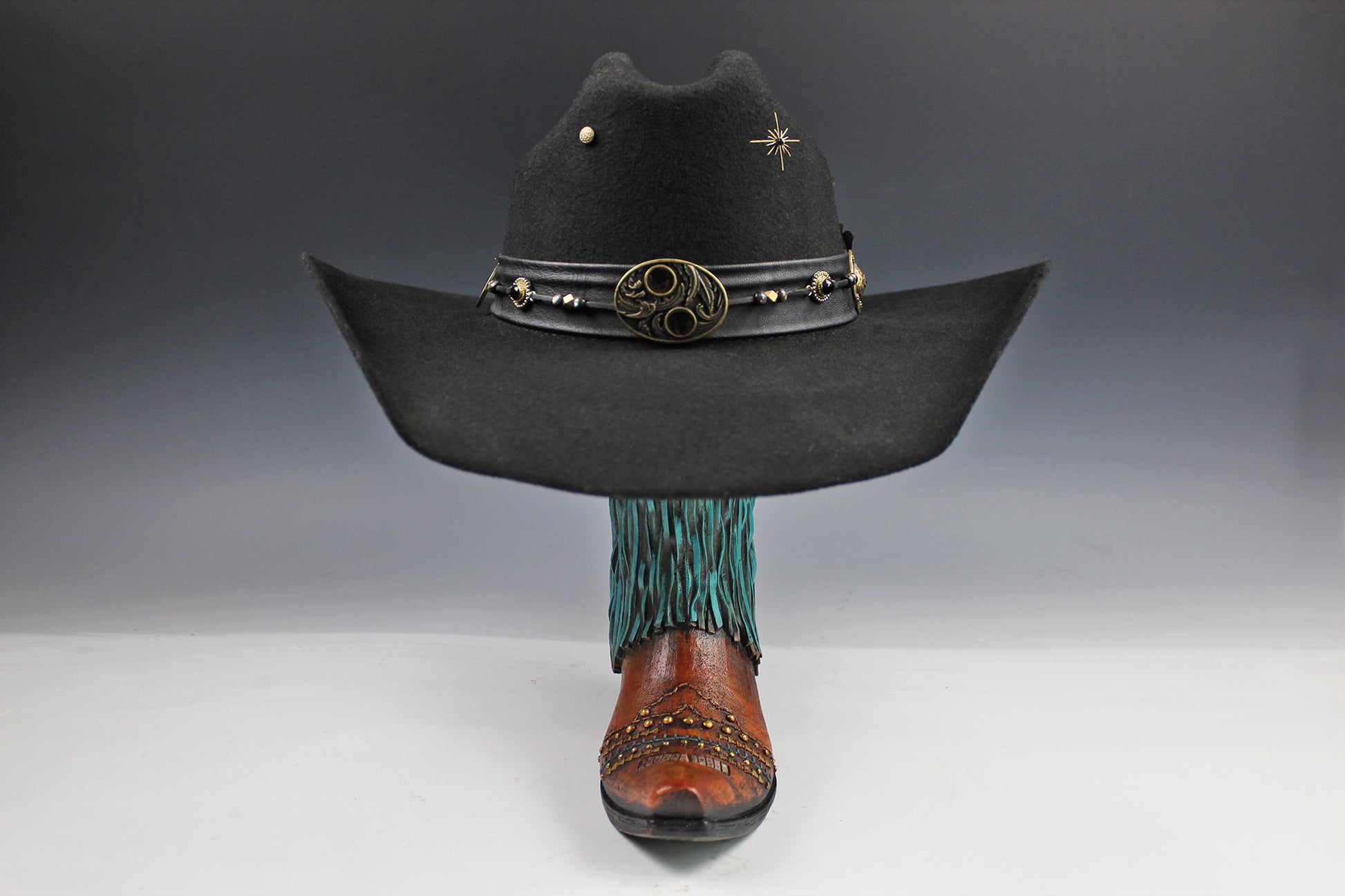 The Highwayman Cowboy Hat - Black -  Black Wool Felt Cattleman Cowboy Hat with feature concho, unisex western cowboy cowgirl hat