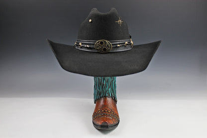 The Highwayman Cowboy Hat - Black -  Black Wool Felt Cattleman Cowboy Hat with feature concho, unisex western cowboy cowgirl hat