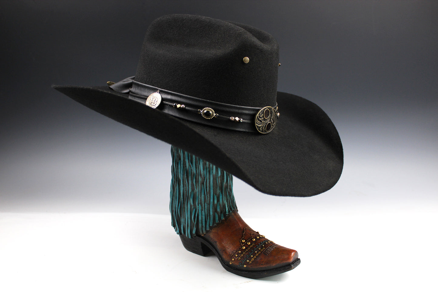 The Highwayman Cowboy Hat - Black -  Black Wool Felt Cattleman Cowboy Hat with feature concho, unisex western cowboy cowgirl hat