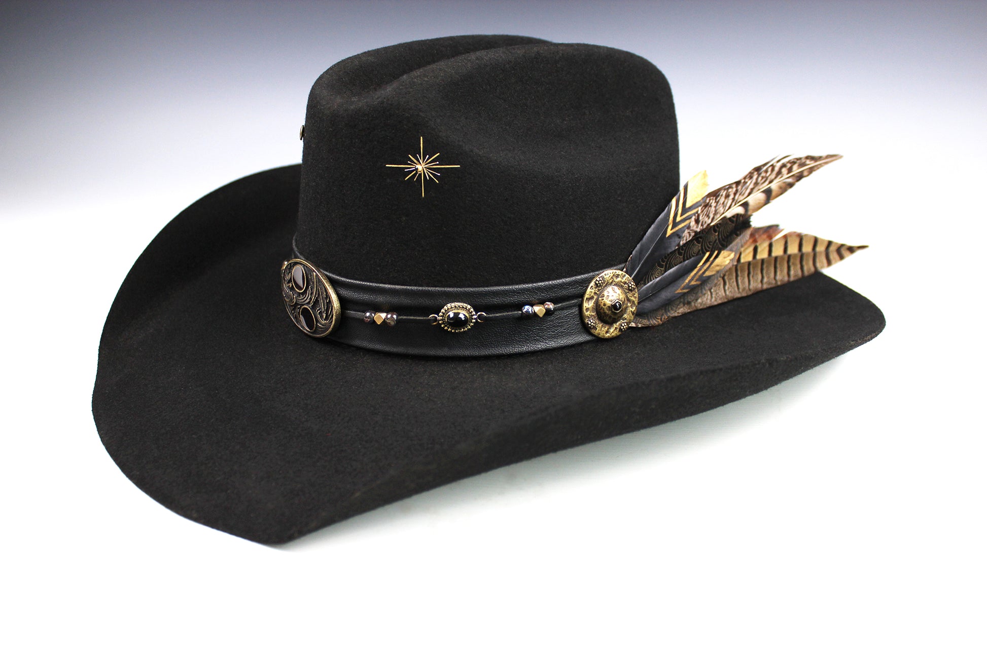 The Highwayman Cowboy Hat - Black -  Black Wool Felt Cattleman Cowboy Hat with feature concho, unisex western cowboy cowgirl hat