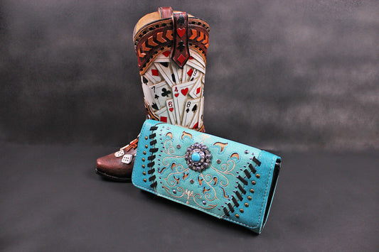 The Idaho Purse - small turquoise and silver western cowgirl style purse wallet, intricate detailing with adjustable strap & magnetic clasp
