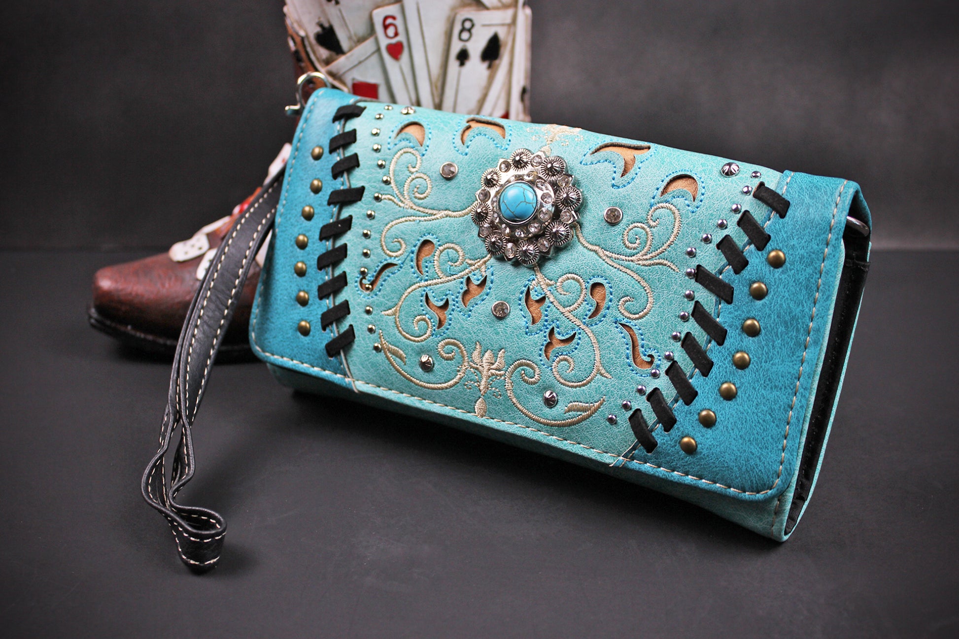 The Idaho Purse - small turquoise and silver western cowgirl style purse wallet, intricate detailing with adjustable strap & magnetic clasp