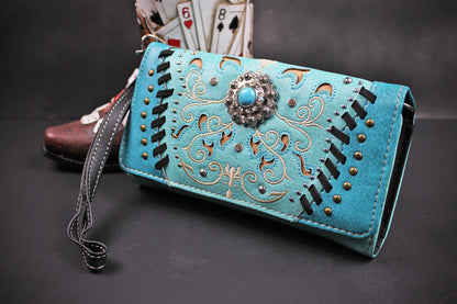 The Idaho Purse - small turquoise and silver western cowgirl style purse wallet, intricate detailing with adjustable strap & magnetic clasp
