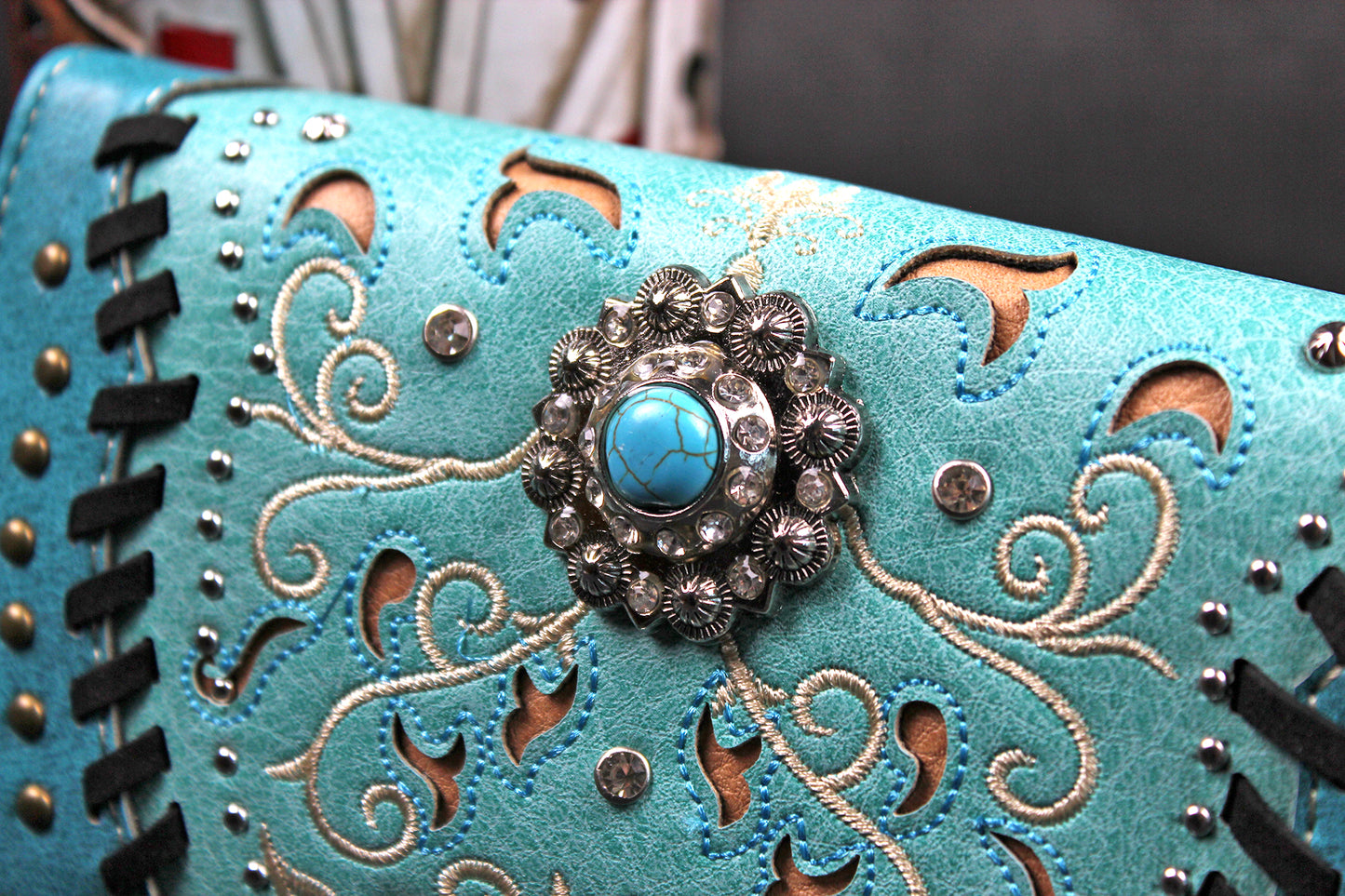 The Idaho Purse - small turquoise and silver western cowgirl style purse wallet, intricate detailing with adjustable strap & magnetic clasp