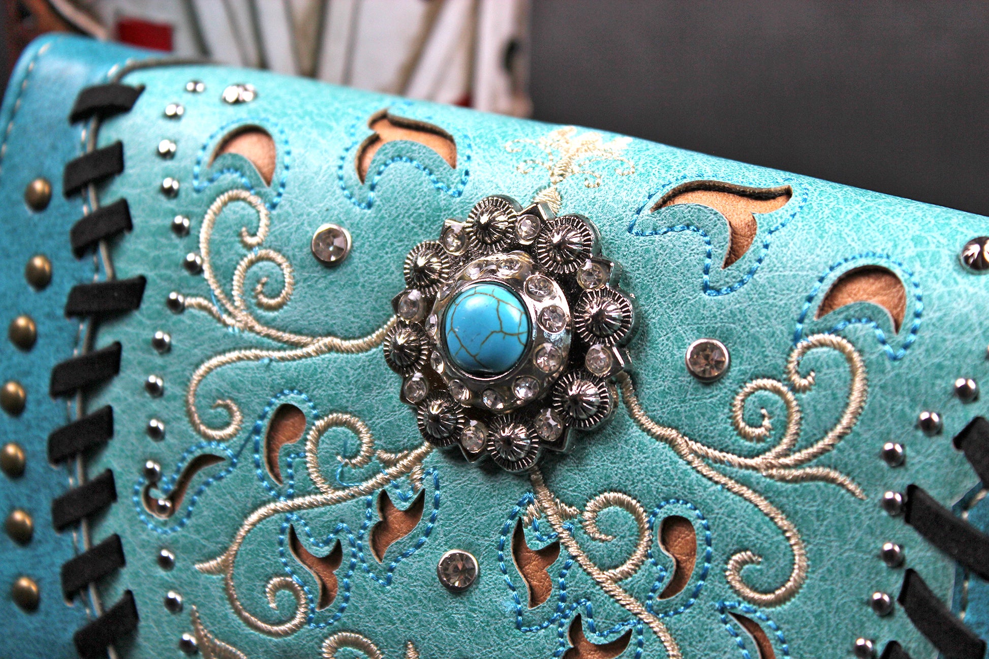 The Idaho Purse - small turquoise and silver western cowgirl style purse wallet, intricate detailing with adjustable strap & magnetic clasp