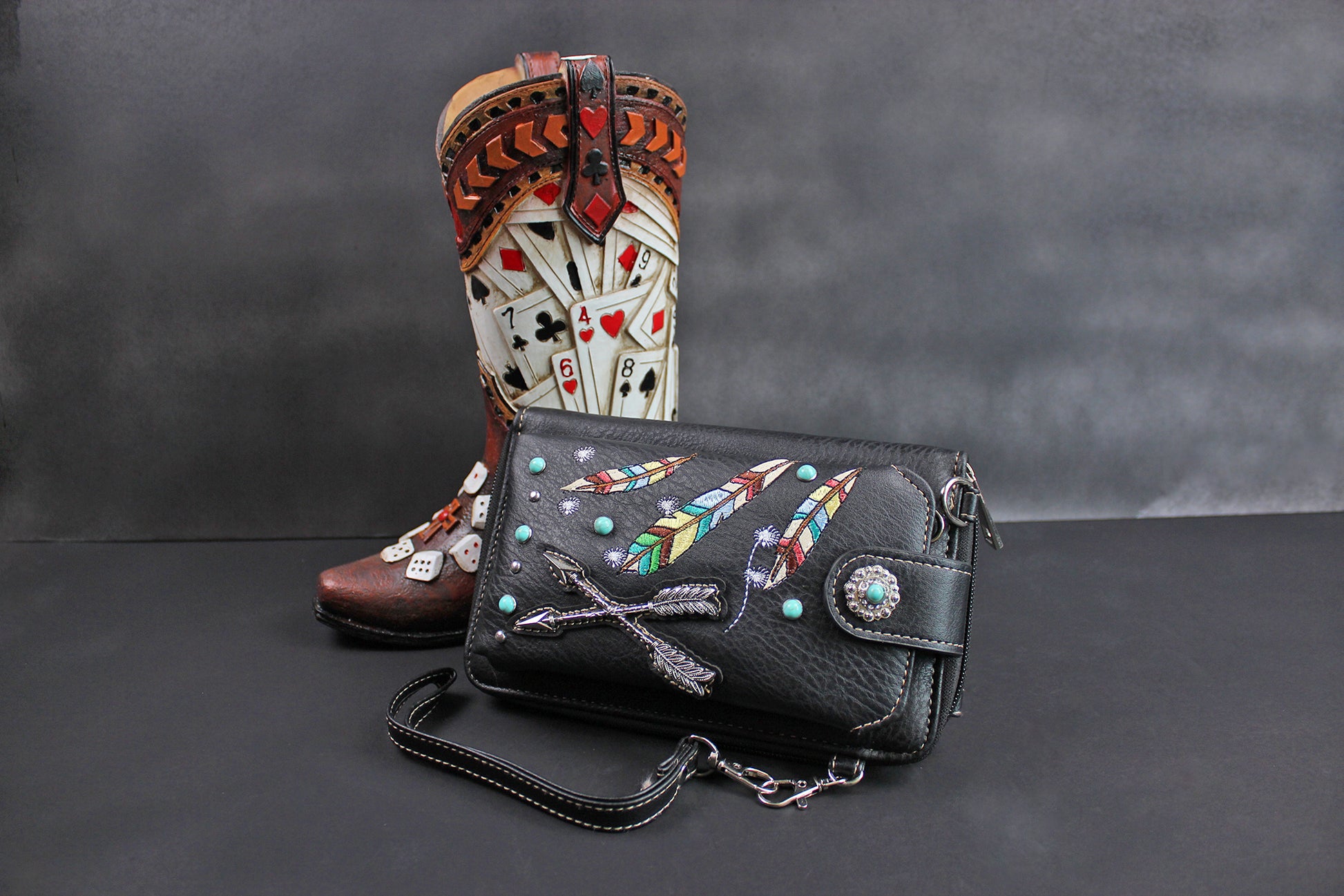 The Cherokee Purse - small black and silver western cowgirl style purse wallet, intricate detailing with adjustable strap & magnetic clasp