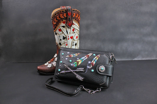 The Cherokee Purse - small black and silver western cowgirl style purse wallet, intricate detailing with adjustable strap & magnetic clasp