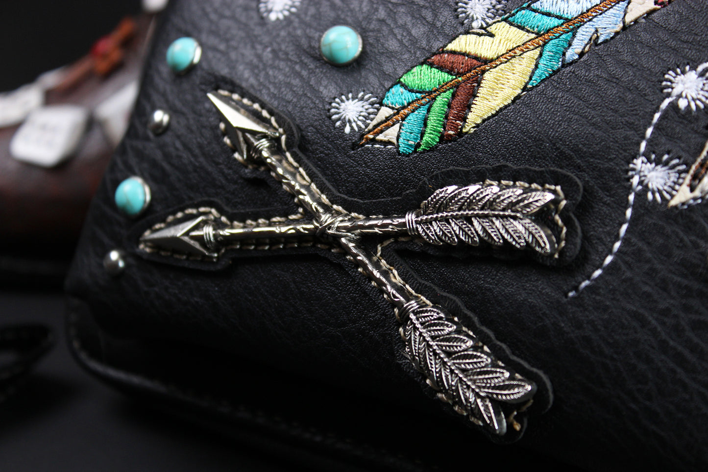 The Cherokee Purse - small black and silver western cowgirl style purse wallet, intricate detailing with adjustable strap & magnetic clasp