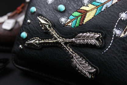 The Cherokee Purse - small black and silver western cowgirl style purse wallet, intricate detailing with adjustable strap & magnetic clasp