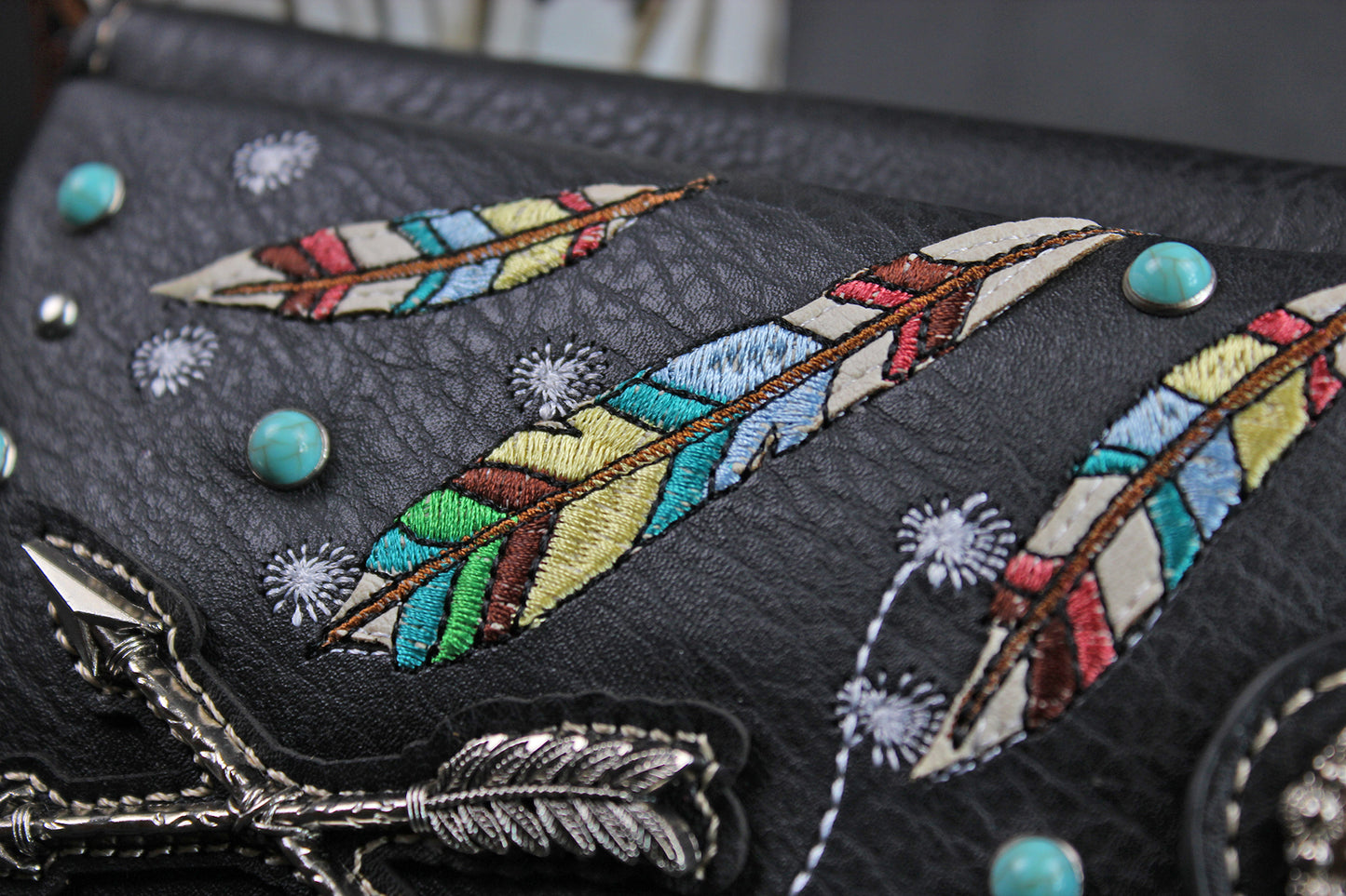The Cherokee Purse - small black and silver western cowgirl style purse wallet, intricate detailing with adjustable strap & magnetic clasp