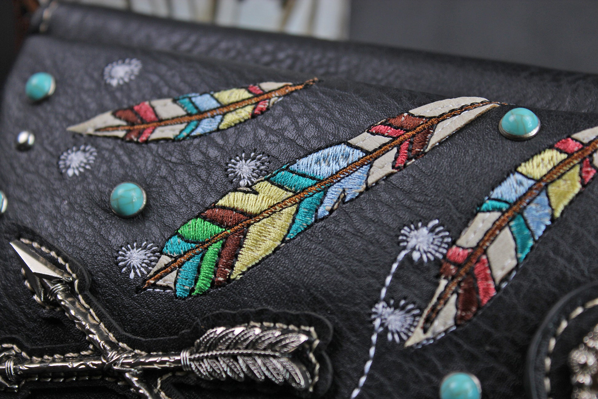 The Cherokee Purse - small black and silver western cowgirl style purse wallet, intricate detailing with adjustable strap & magnetic clasp