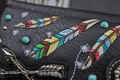 The Cherokee Purse - small black and silver western cowgirl style purse wallet, intricate detailing with adjustable strap & magnetic clasp
