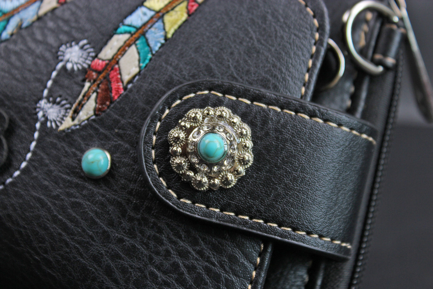 The Cherokee Purse - small black and silver western cowgirl style purse wallet, intricate detailing with adjustable strap & magnetic clasp